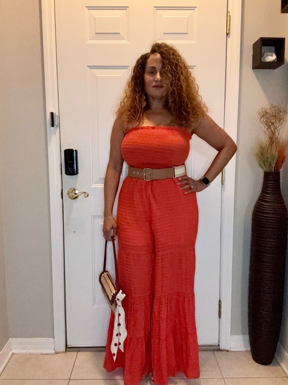 HYFVE Strapless vibrant burnt orange Tiered Wide-Leg Jumpsuit